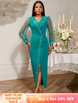 AOMEIDRESS Elegant Beading Wedding Dress Long Sheer Sleeve V Neck Slit LakeGreen / S