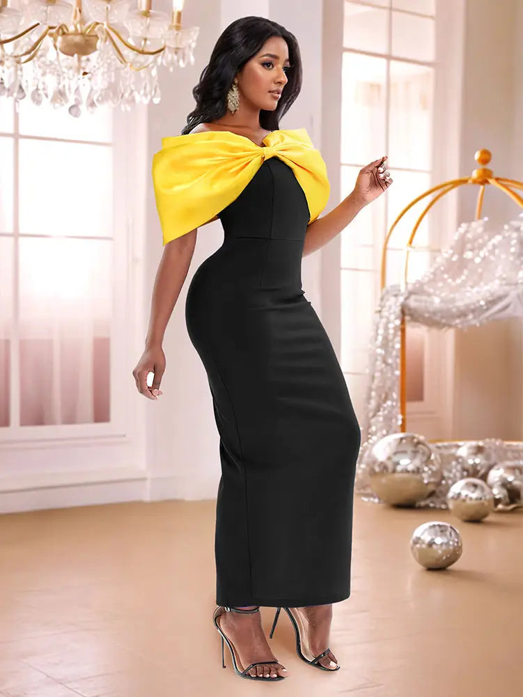 AOMEIDRESS Elegant Black Dresses With Yellow Bow For Wedding Guest