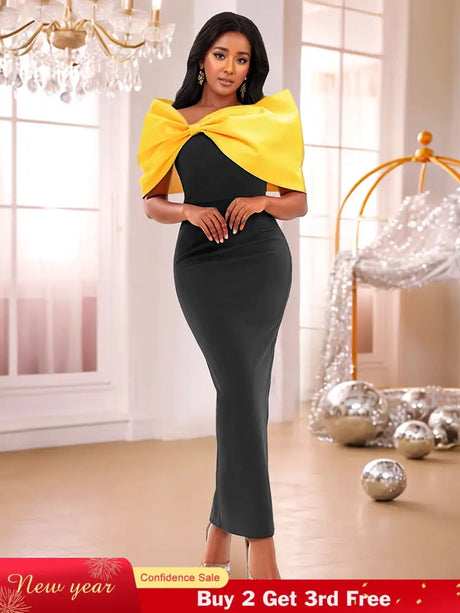 AOMEIDRESS Elegant Black Dresses With Yellow Bow For Wedding Guest Black / S