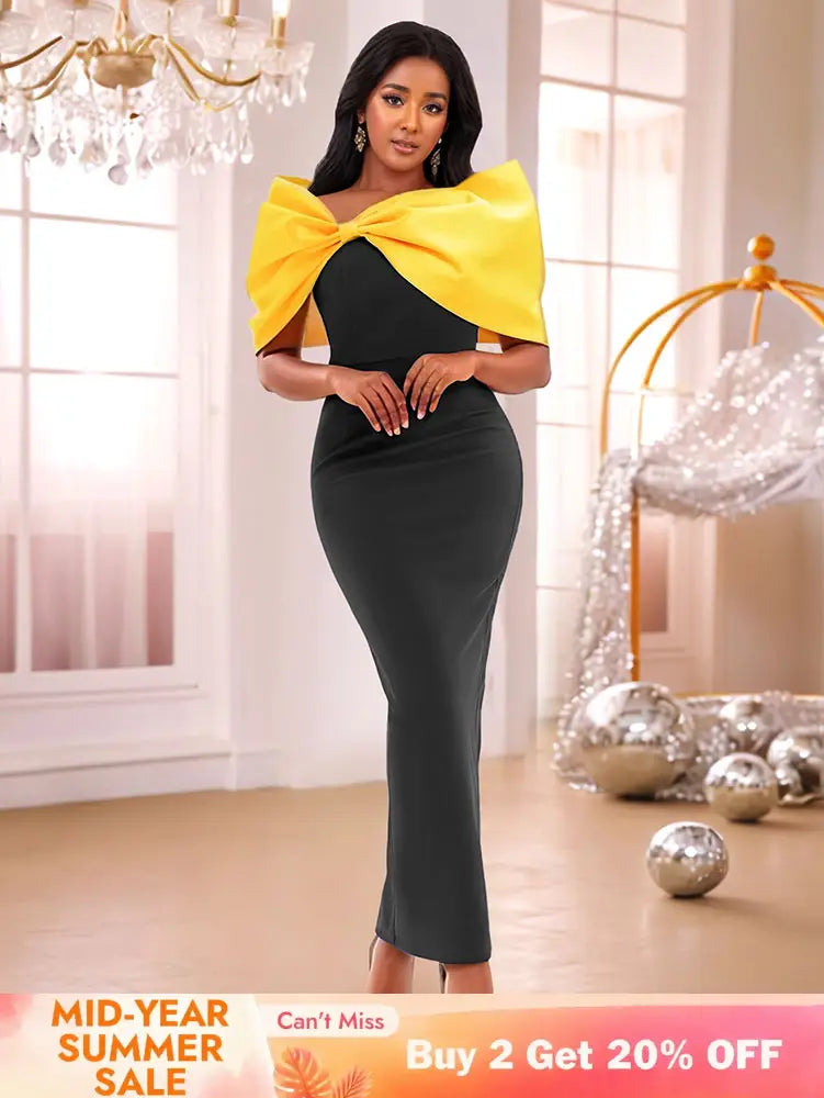 AOMEIDRESS Elegant Black Dresses With Yellow Bow For Wedding Guest Black / S