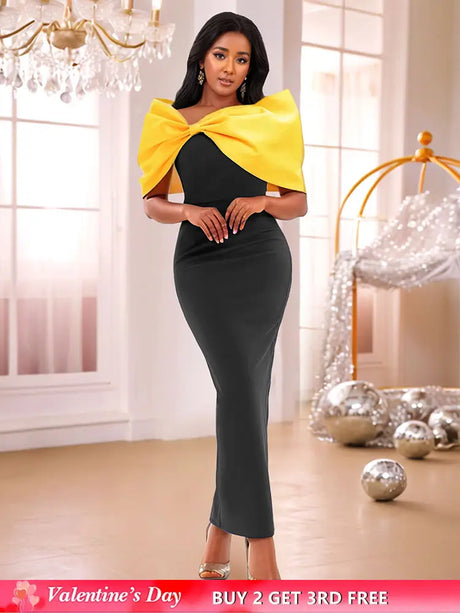 AOMEIDRESS Elegant Black Dresses With Yellow Bow For Wedding Guest Black / S