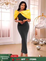 AOMEIDRESS Elegant Black Dresses With Yellow Bow For Wedding Guest Black / S