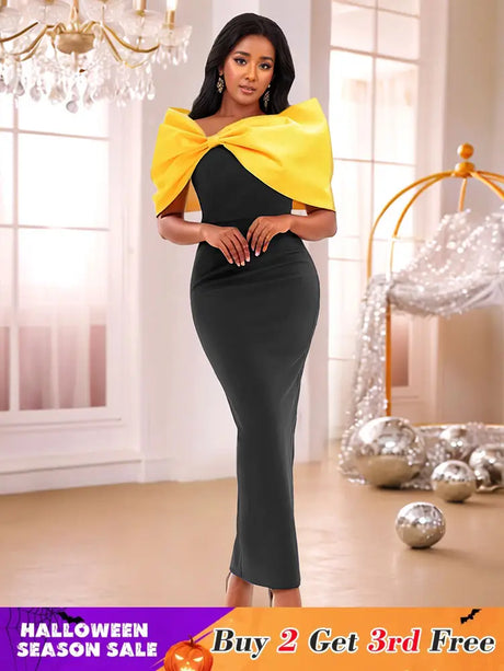 AOMEIDRESS Elegant Black Dresses With Yellow Bow For Wedding Guest Black / S
