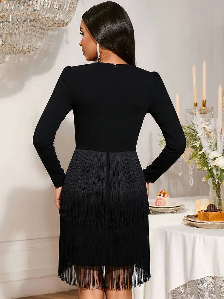 AOMEIDRESS Elegant Black Fringer Mini Dress For Party Evening