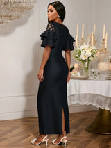 AOMEIDRESS Elegant Black Lace Dress O Neck Ruffle Sleeves Embroidery