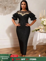 AOMEIDRESS Elegant Black Lace Dress O Neck Ruffle Sleeves Embroidery Black / S