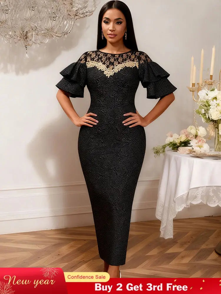 AOMEIDRESS Elegant Black Lace Dress O Neck Ruffle Sleeves Embroidery Black / S