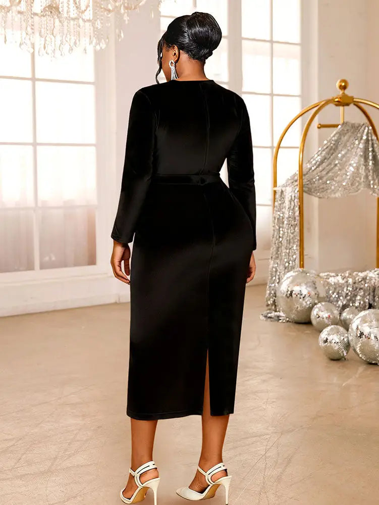 AOMEIDRESS Elegant Black Velvet Dress Tulle Bodycon Evening Party