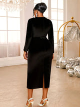 AOMEIDRESS Elegant Black Velvet Dress Tulle Bodycon Evening Party