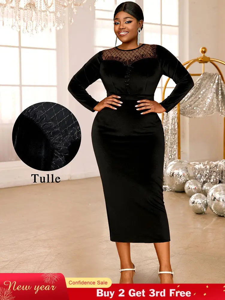 AOMEIDRESS Elegant Black Velvet Dress Tulle Bodycon Evening Party Black / S