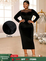 AOMEIDRESS Elegant Black Velvet Dress Tulle Bodycon Evening Party Black / S