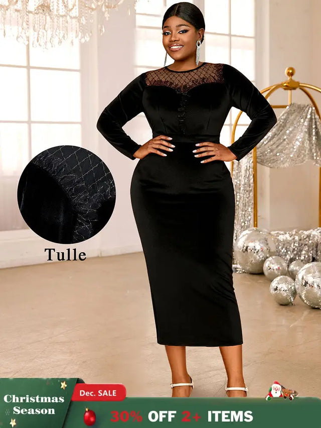 AOMEIDRESS Elegant Black Velvet Dress Tulle Bodycon Evening Party Black / S