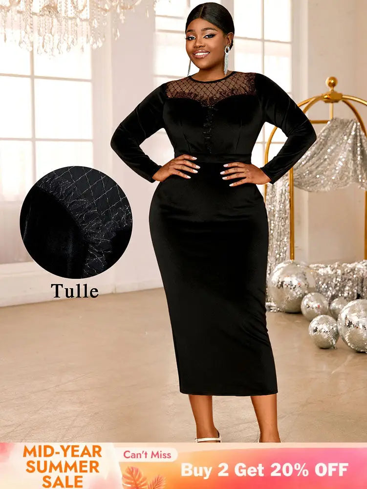 AOMEIDRESS Elegant Black Velvet Dress Tulle Bodycon Evening Party Black / S