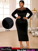 AOMEIDRESS Elegant Black Velvet Dress Tulle Bodycon Evening Party Black / S