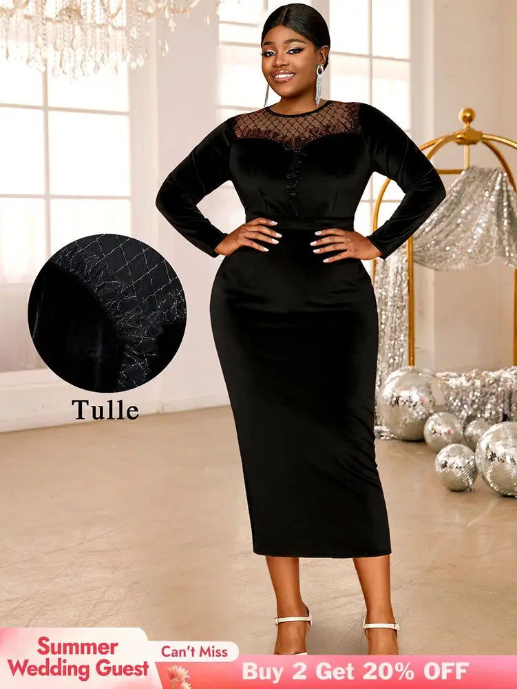 AOMEIDRESS Elegant Black Velvet Dress Tulle Bodycon Evening Party Black / S