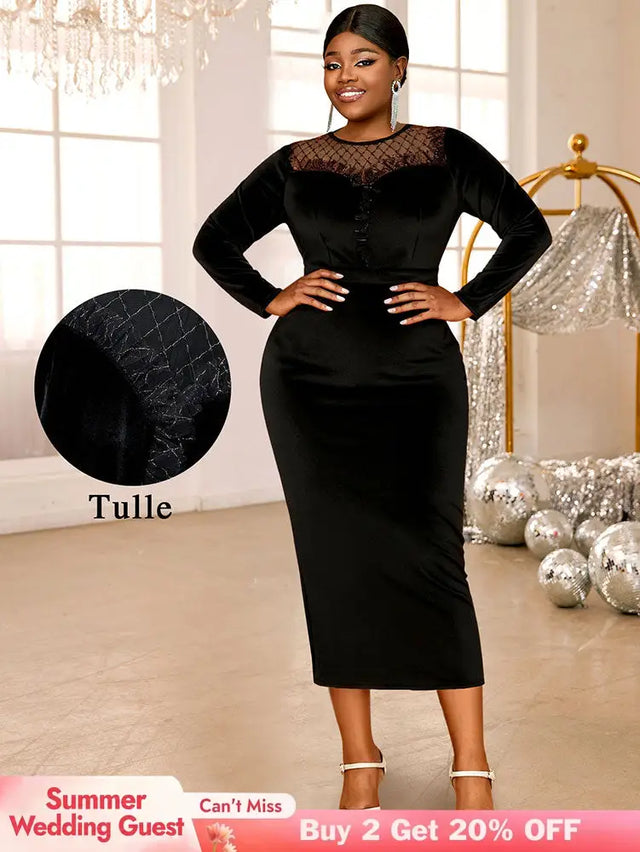 AOMEIDRESS Elegant Black Velvet Dress Tulle Bodycon Evening Party Black / S
