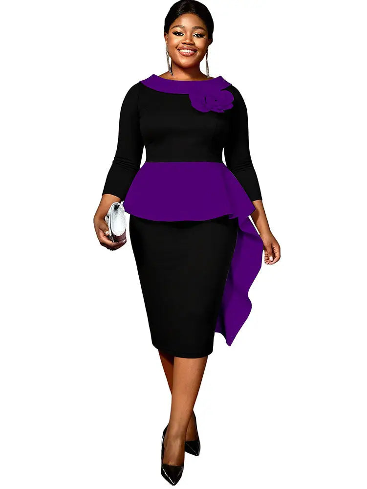 AOMEIDRESS Elegant Black White Colorblock Dress Peplum Floral Detail Darkpurple / L