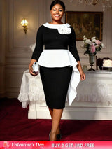 AOMEIDRESS Elegant Black White Colorblock Dress Peplum Floral Detail Black / L