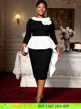 AOMEIDRESS Elegant Black White Colorblock Dress Peplum Floral Detail Black / L