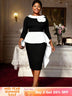 AOMEIDRESS Elegant Black White Colorblock Dress Peplum Floral Detail Black / L