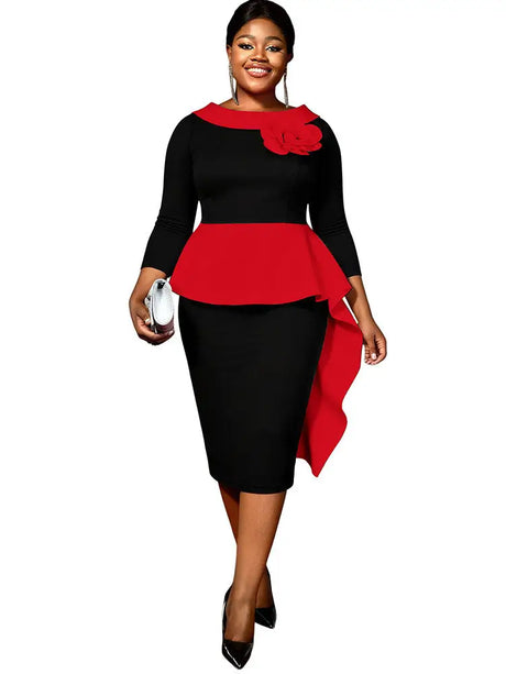 AOMEIDRESS Elegant Black White Colorblock Dress Peplum Floral Detail Red / L