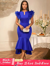 AOMEIDRESS Elegant Blue Dress for Women Summer Wedding Guest Dress Blue / S