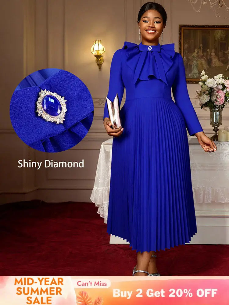 AOMEIDRESS Elegant Blue Midi Pleated Dress with Bow for Wedding Party Blue / S