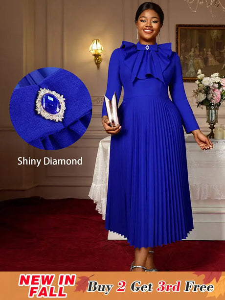 AOMEIDRESS Elegant Blue Midi Pleated Dress with Bow for Wedding Party Blue / S