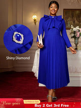 AOMEIDRESS Elegant Blue Midi Pleated Dress with Bow for Wedding Party Blue / S