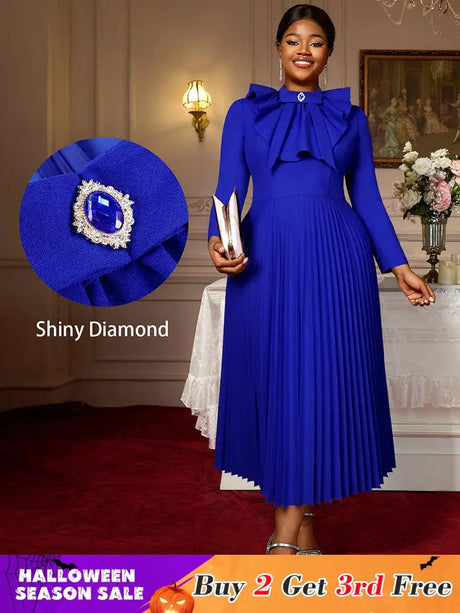 AOMEIDRESS Elegant Blue Midi Pleated Dress with Bow for Wedding Party Blue / S
