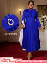 AOMEIDRESS Elegant Blue Midi Pleated Dress with Bow for Wedding Party Blue / S