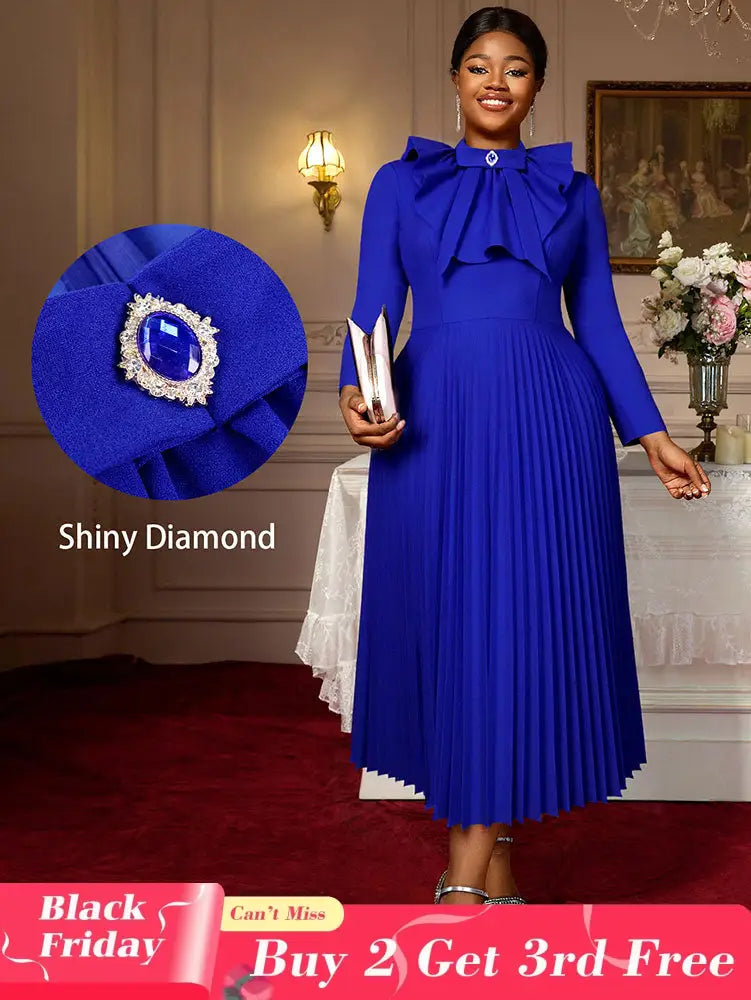 AOMEIDRESS Elegant Blue Midi Pleated Dress with Bow for Wedding Party Blue / S