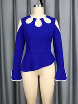 AOMEIDRESS Elegant Blue Peplum Blouse Cut Out Flare Sleeve for Evening