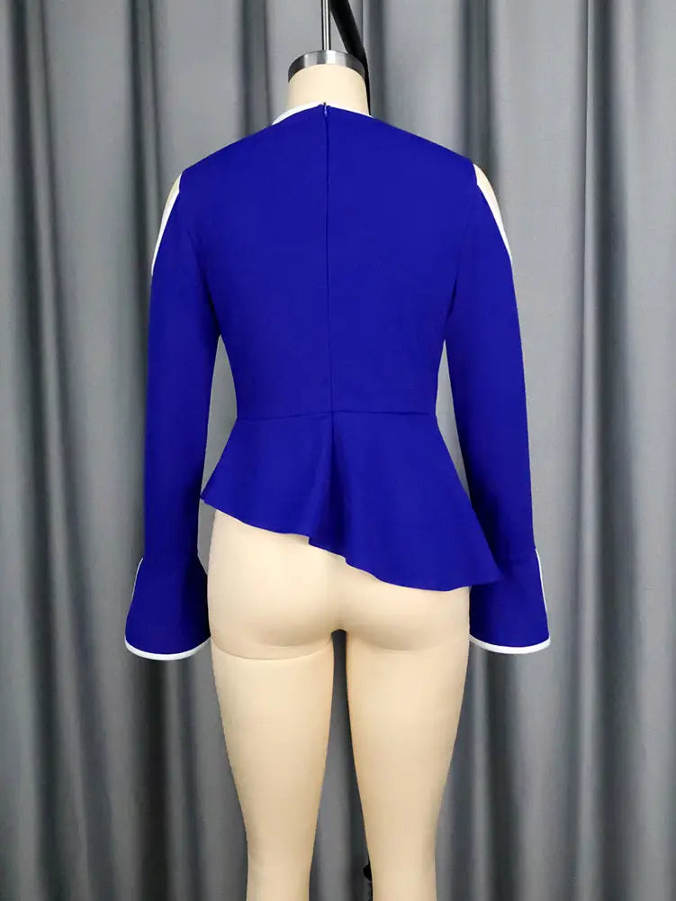 AOMEIDRESS Elegant Blue Peplum Blouse Cut Out Flare Sleeve for Evening