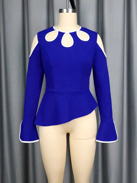 AOMEIDRESS Elegant Blue Peplum Blouse Cut Out Flare Sleeve for Evening