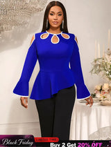 AOMEIDRESS Elegant Blue Peplum Blouse Cut Out Flare Sleeve for Evening Blue / S