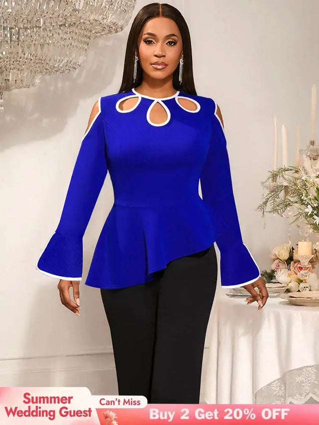 AOMEIDRESS Elegant Blue Peplum Blouse Cut Out Flare Sleeve for Evening Blue / S