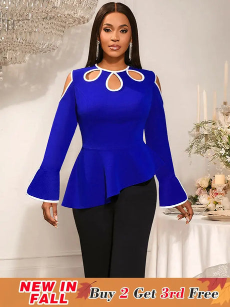 AOMEIDRESS Elegant Blue Peplum Blouse Cut Out Flare Sleeve for Evening Blue / S