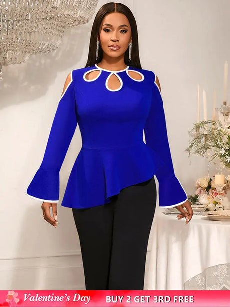 AOMEIDRESS Elegant Blue Peplum Blouse Cut Out Flare Sleeve for Evening Blue / S