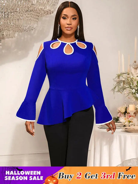 AOMEIDRESS Elegant Blue Peplum Blouse Cut Out Flare Sleeve for Evening Blue / S
