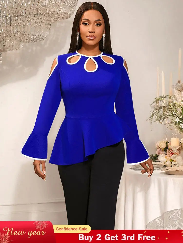 AOMEIDRESS Elegant Blue Peplum Blouse Cut Out Flare Sleeve for Evening Blue / S