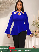 AOMEIDRESS Elegant Blue Peplum Blouse Cut Out Flare Sleeve for Evening Blue / S