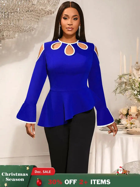 AOMEIDRESS Elegant Blue Peplum Blouse Cut Out Flare Sleeve for Evening Blue / S