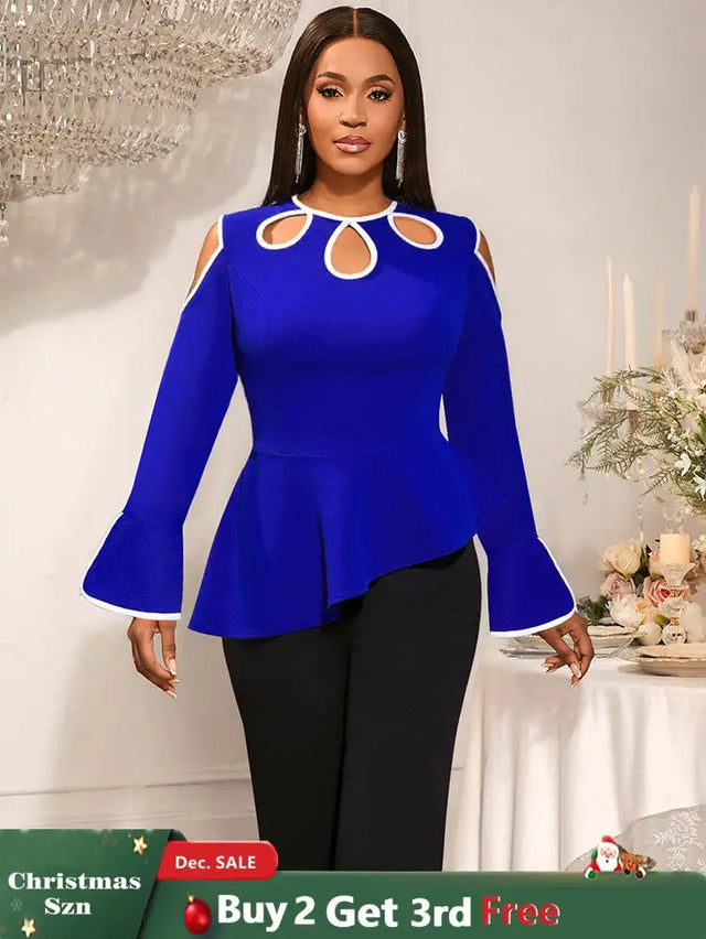 AOMEIDRESS Elegant Blue Peplum Blouse Cut Out Flare Sleeve for Evening Blue / S