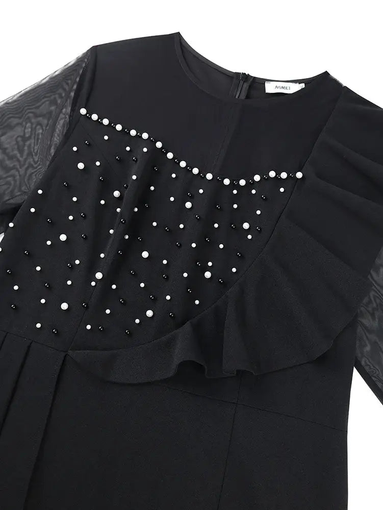 AOMEIDRESS Elegant Bodycon Dress Beading Patchwork Mesh Ruffles Gowns