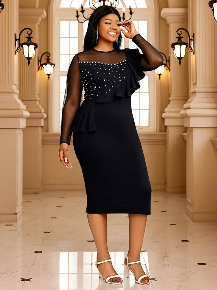 AOMEIDRESS Elegant Bodycon Dress Beading Patchwork Mesh Ruffles Gowns