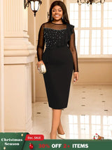 AOMEIDRESS Elegant Bodycon Dress Beading Patchwork Mesh Ruffles Gowns Black / L