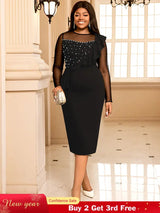 AOMEIDRESS Elegant Bodycon Dress Beading Patchwork Mesh Ruffles Gowns Black / L