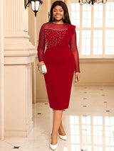AOMEIDRESS Elegant Bodycon Dress Beading Patchwork Mesh Ruffles Gowns Red / L