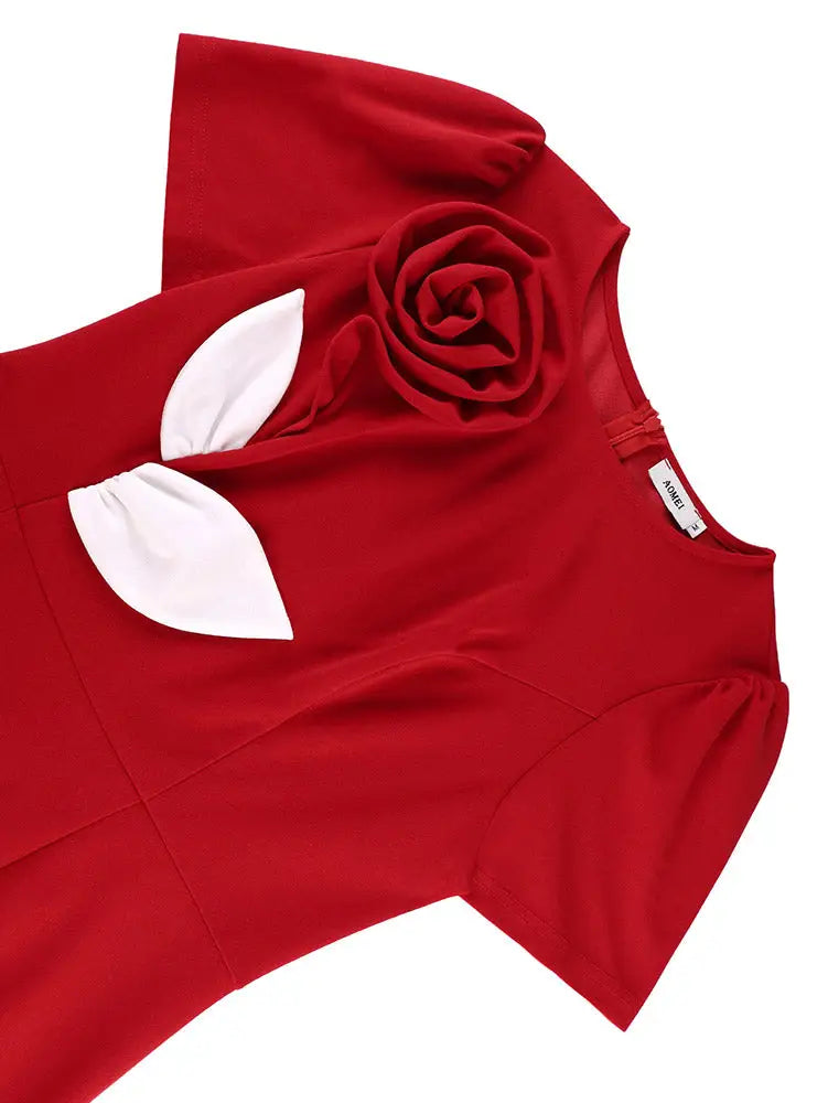 AOMEIDRESS Elegant Bodycon Dress Colorblock 3D Flower Fishtails Hem